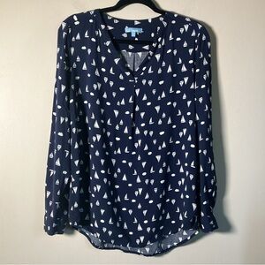Penmans v-neck blouse navy blue white Rayon nautical v-neck coastal loose fit